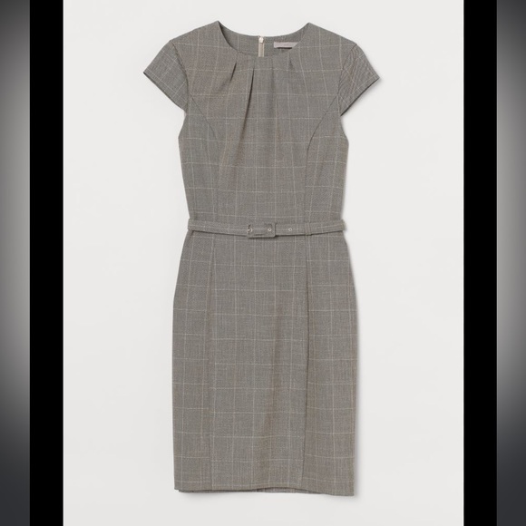 H&M Dresses & Skirts - H&M - Grey Tan Plaid Short Sleeve Belted Midi Sheath Dress size Small